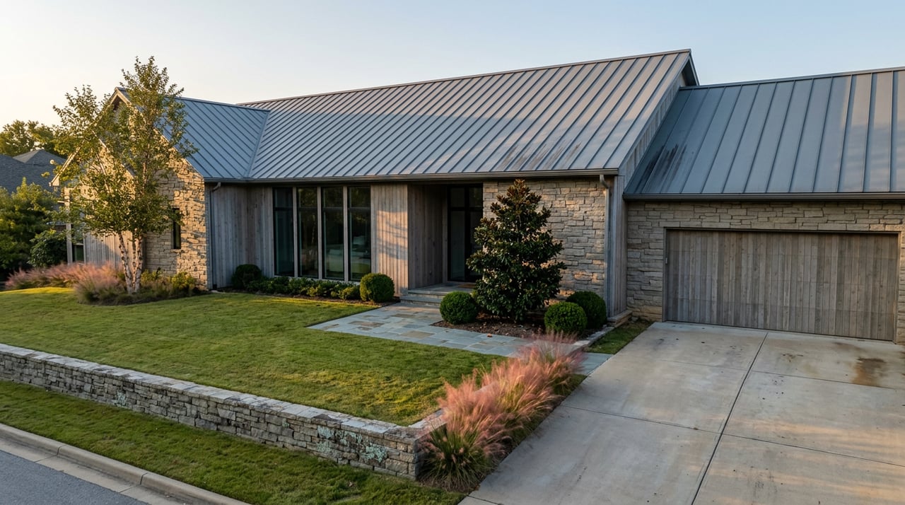 Two-story stone-and-cedar home with dark-framed windows, a broad lawn, and a low stone wall.