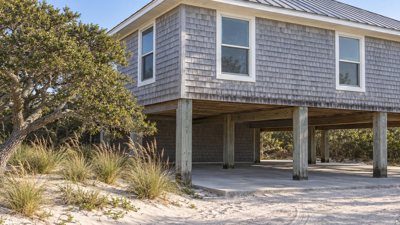 Weathered cedar-shingle beach house elevated on timber pilings above a concrete parking pad beside sea oats and a wind-shaped live oak.