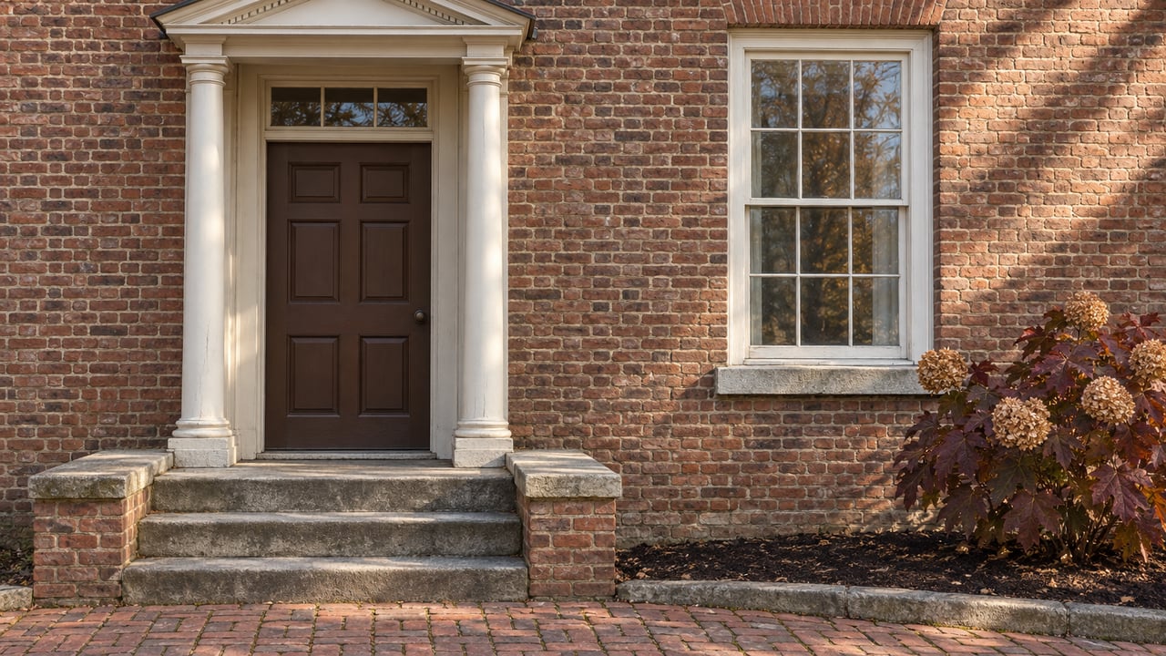 Sunlit historic brick home entrance with white timber columns, a brown paneled door, tall sash window, and worn stone steps.