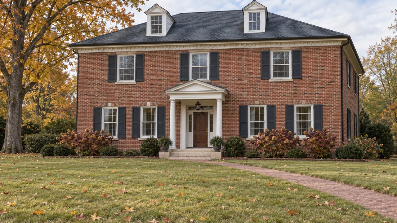Red brick house with white entry columns, dark shutters and an amber maple beyond a deep autumn lawn.