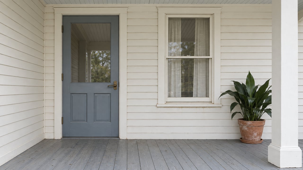 A restored cottage porch with a blue-gray glazed door, cream wood siding, weathered painted floorboards and one potted cast-iron plant.