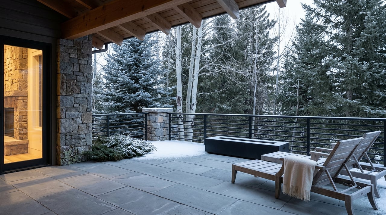 Snow-dusted stone terrace with two teak lounge chairs, an unlit fire feature, and conifers beyond the railing.