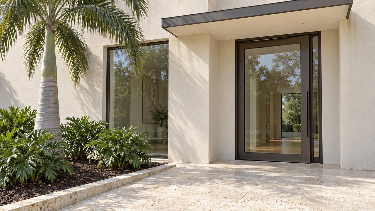 Cream stucco home entrance with bronze-framed glass, pale limestone paving and a specimen palm beside a raised planting bed.