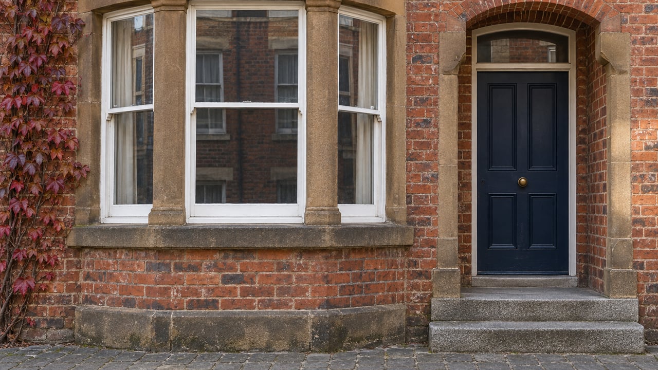 Red-brick home with a bowed white sash window, recessed navy door, worn granite steps, and copper-colored climbing leaves.