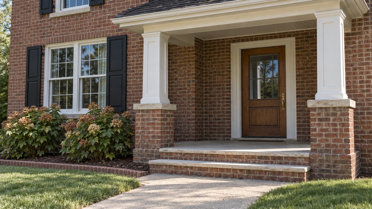 Brick home entry with white porch columns, an oak door, limestone steps and oakleaf hydrangeas beside a broad lawn.