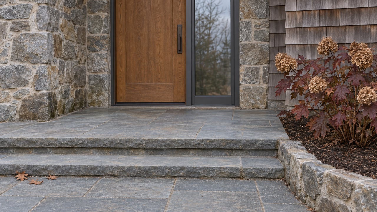 A weathered oak entry door and tall sidelight above blue-gray stone steps, beside burgundy oakleaf hydrangea and fieldstone walls.