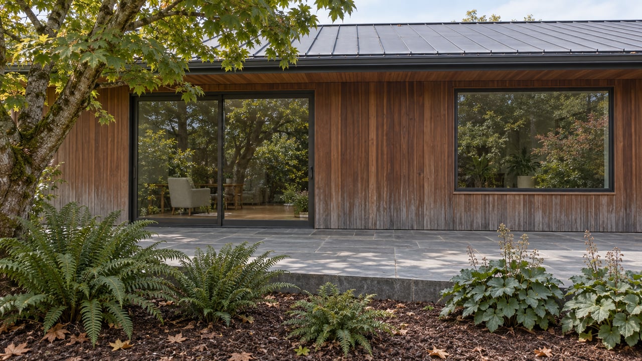 Redwood-clad home with closed bronze-framed glazing, a bluestone terrace and a shaded garden of maple, sword ferns and coral bells.