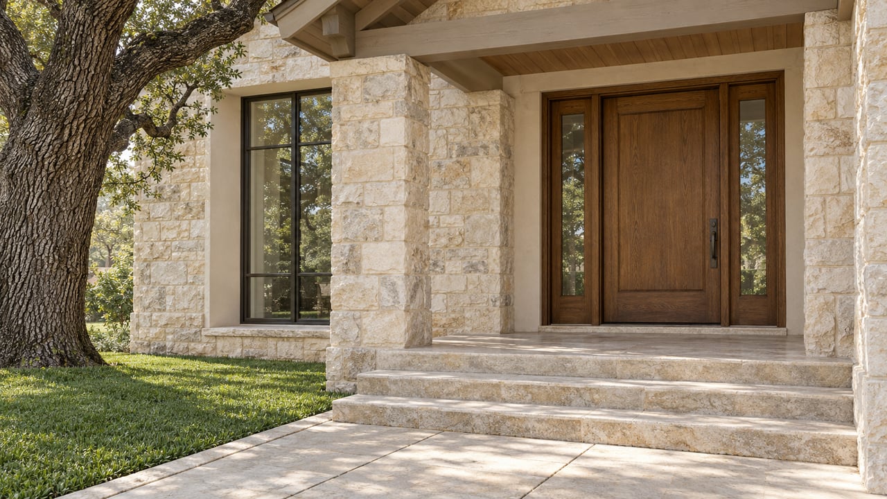 Cream limestone home entry with an oak door, bronze-framed window, broad stone steps and a mature live oak beside the lawn.