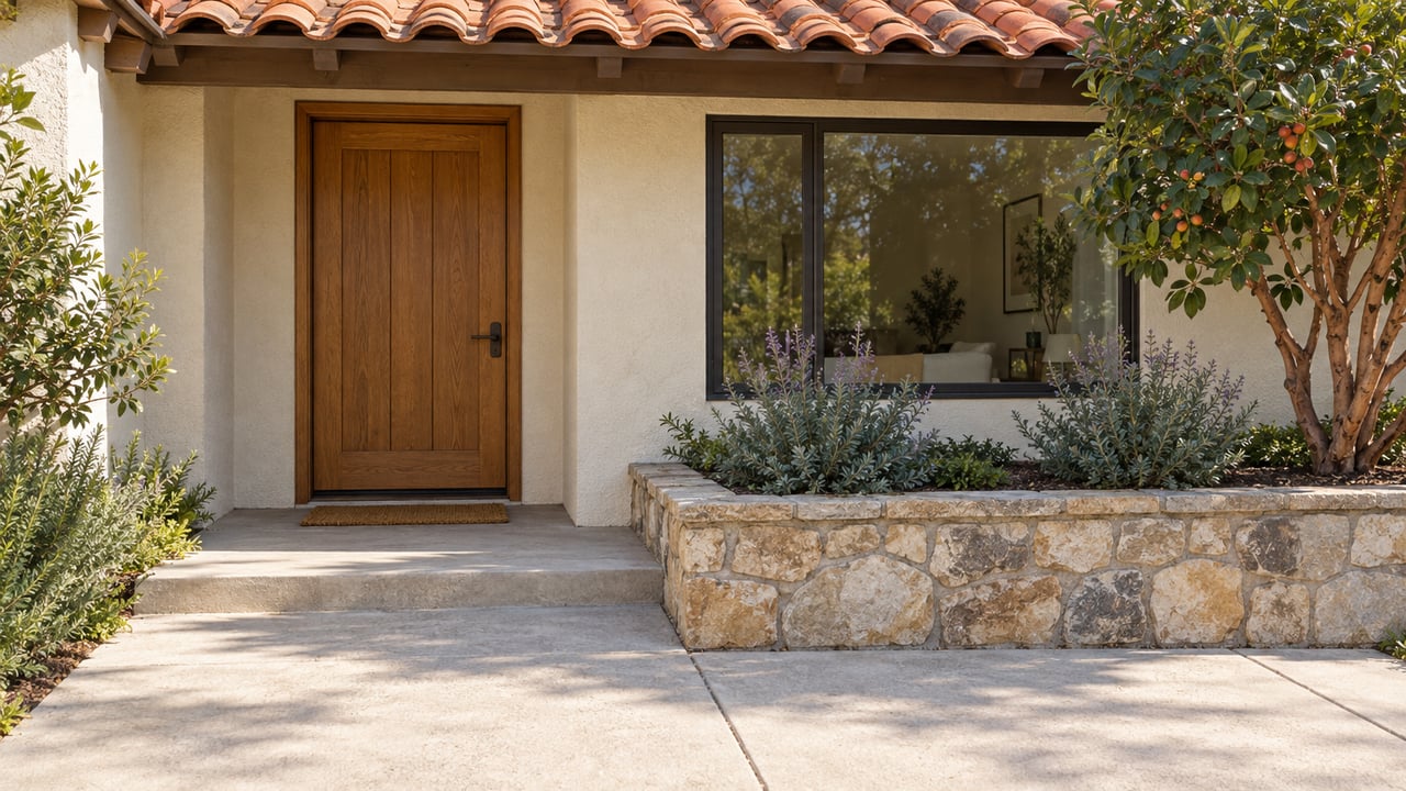 Sunlit cream-stucco home entrance with a timber door, terracotta roof tiles, stone planter and pale concrete approach.