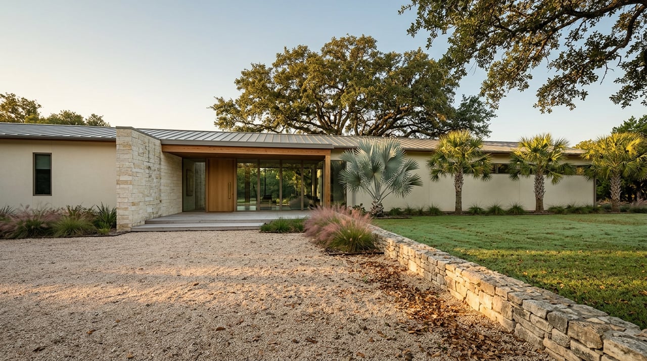 Single-story stucco home with covered breezeway, gravel drive, open lawn, palms, and standing-seam roof.