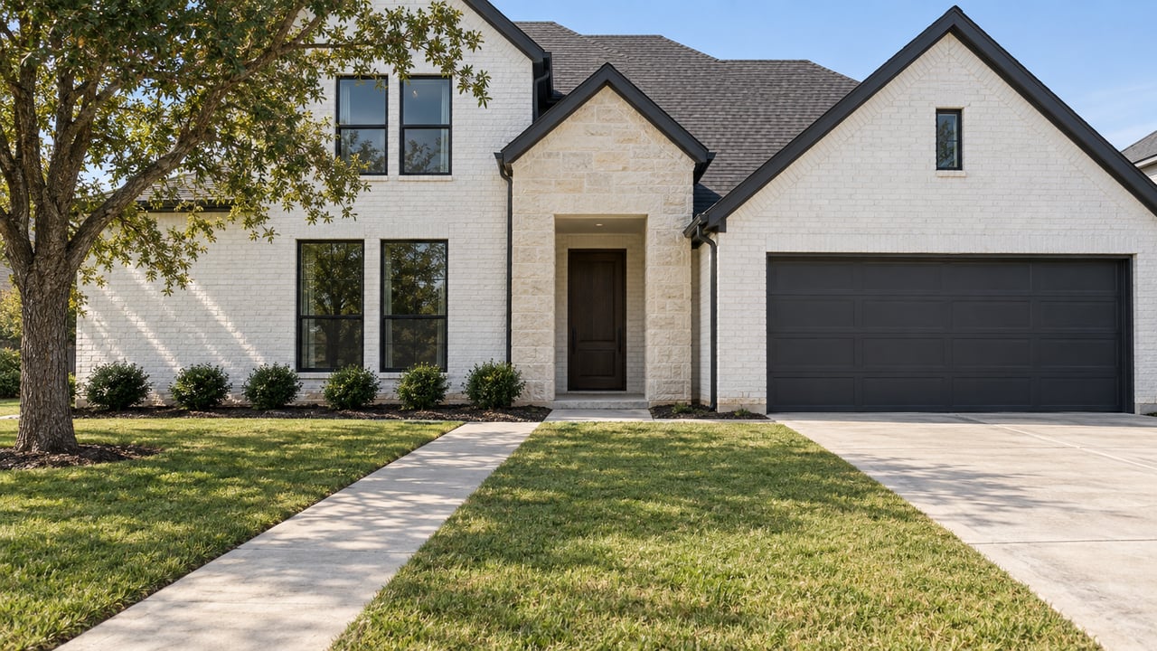 White brick and pale limestone gabled home with dark windows, a deep lawn, and a concrete front walk in morning light.