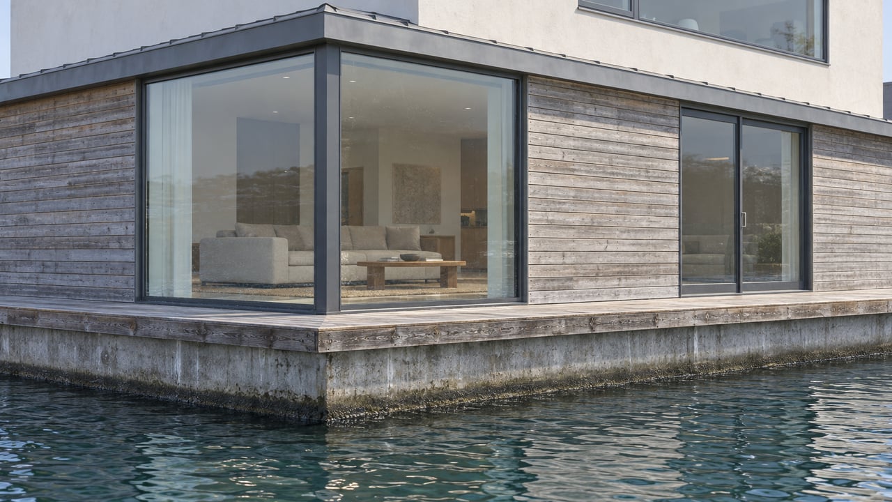 Contemporary floating home with weathered cedar siding, broad corner windows and a concrete base above gently rippled water.