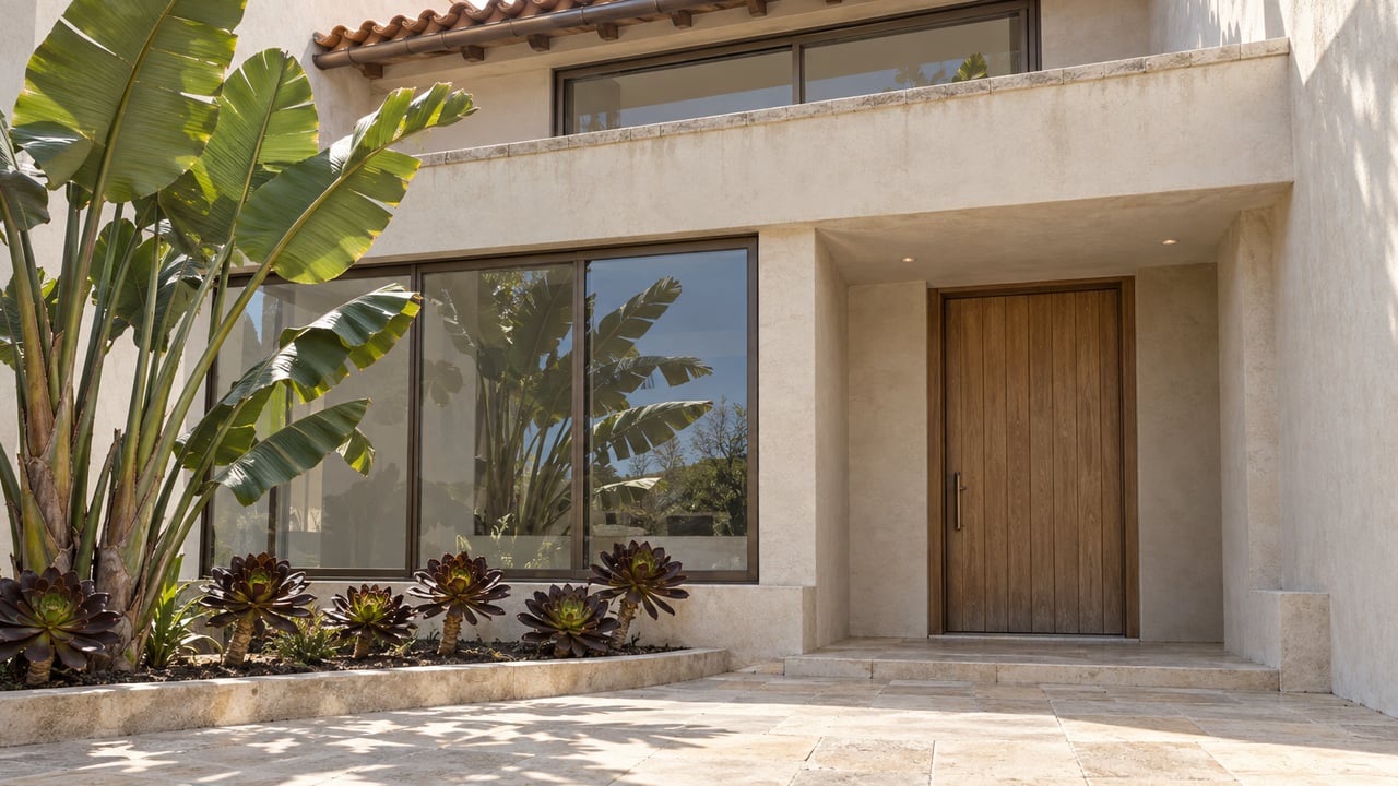 Sunlit ivory stucco home with a terracotta roof, recessed terrace, bronze-framed windows and limestone entrance beside sculptural planting.