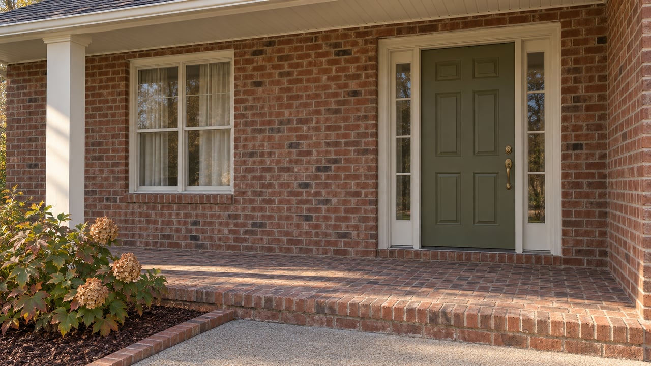 Brick home entry with an olive door, paired glazed sidelights, worn brick porch and oakleaf hydrangea.