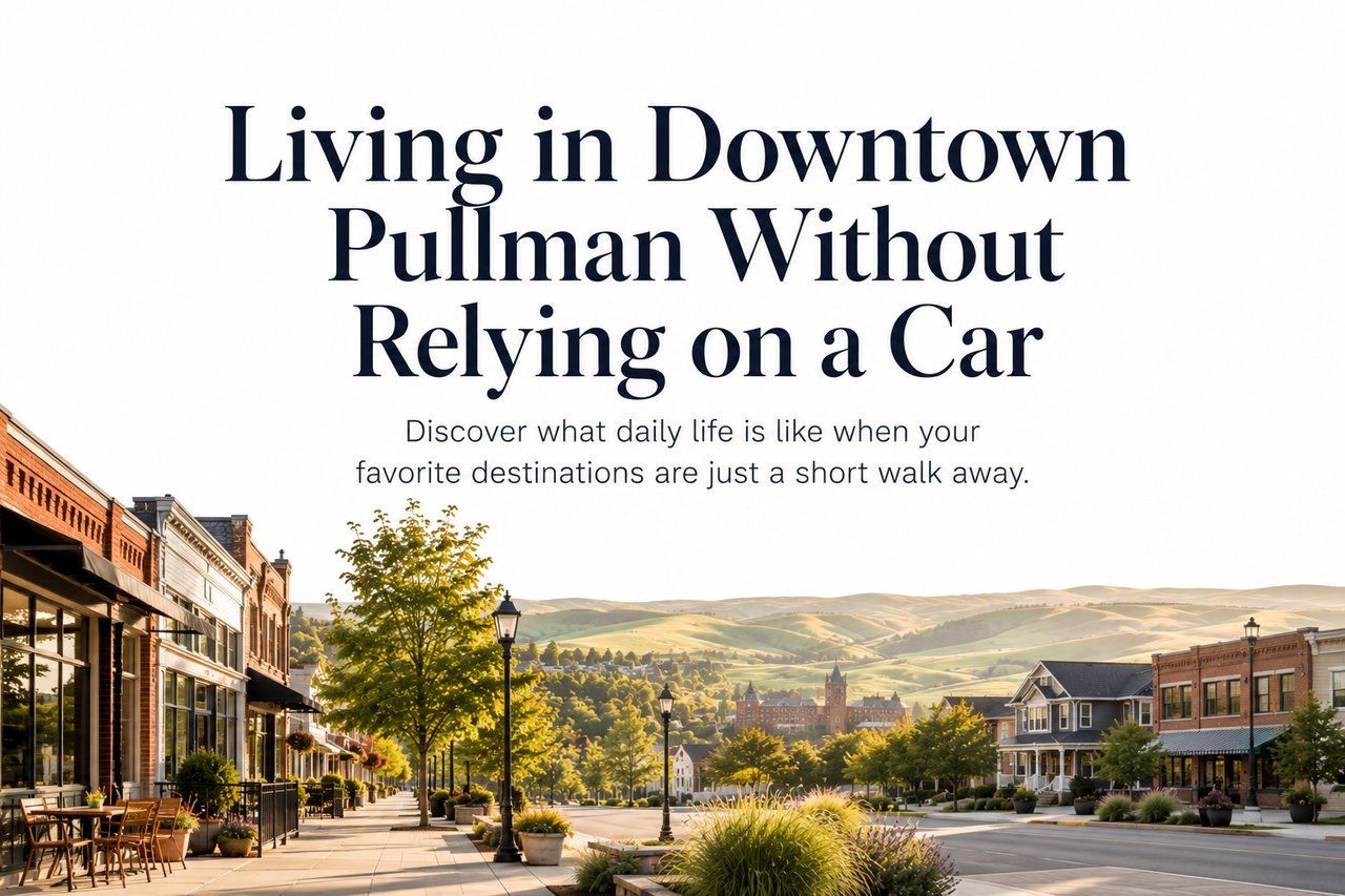 Minimalist editorial-style graphic depicting walkable downtown Pullman with charming streets, local businesses, and a neighborhood lifestyle near Washington State University.