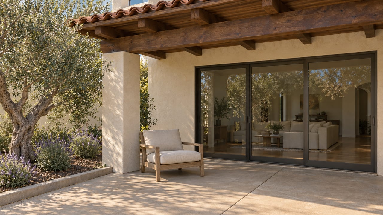 Covered stucco patio with clay roof tiles, bronze sliding glass doors, a teak lounge chair and an olive tree beside a curbed planting bed.