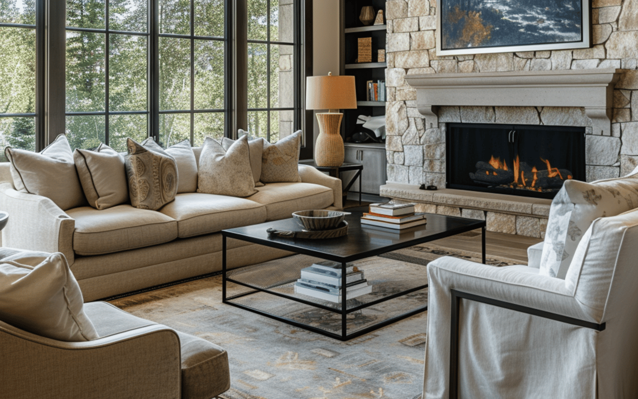 Furnished living room with a stone fireplace, tall windows, and a beige sectional.