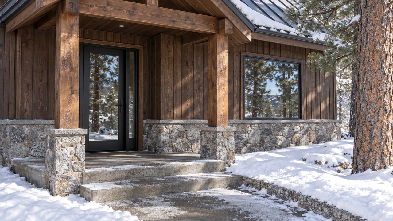 Snow gathers beside concrete steps leading to a timber cabin entry with gray stone foundations and dark-framed glazing.