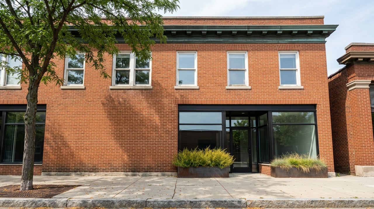 Two-story red-orange brick storefront with black steel-framed windows, white upper windows, and a patinated metal cornice.
