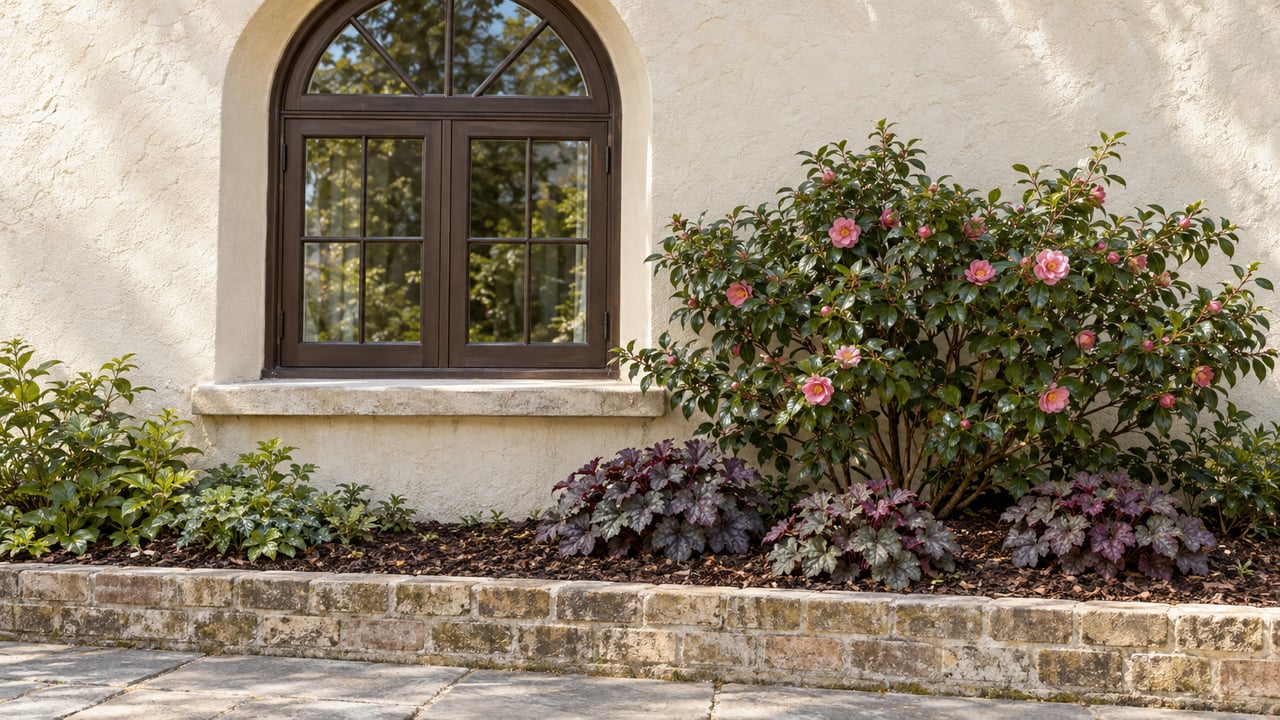 Arched dark wood window recessed into cream plaster above a buff brick garden bed with camellia and heuchera.