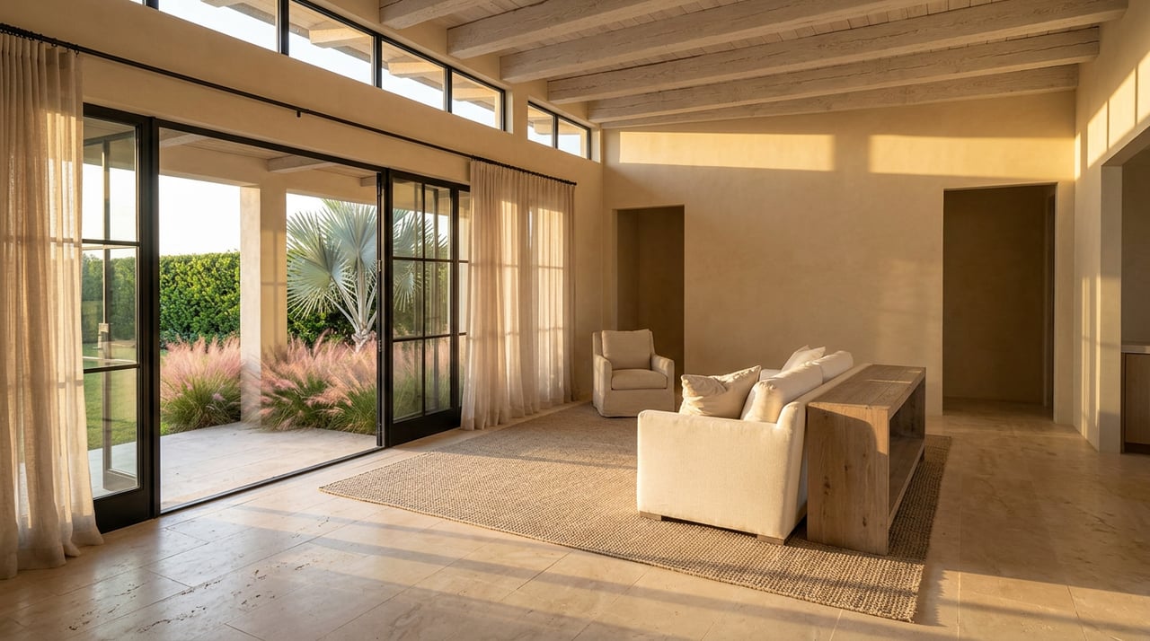 Double-height great room with white beams, a linen sofa, travertine floor, and steel-framed glass doors.