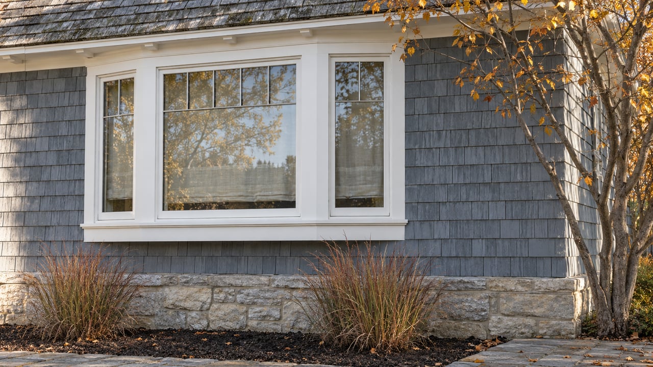 Blue-gray shingled cottage facade with a white bay window, limestone foundation, and sparse amber leaves.