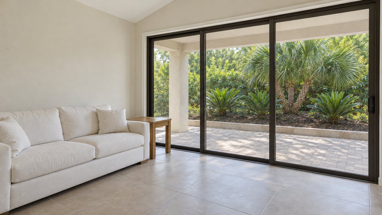 Light-filled living room with a relaxed white sofa, sandy tile floors and closed sliding glass doors overlooking a covered patio and sculptural native planting.