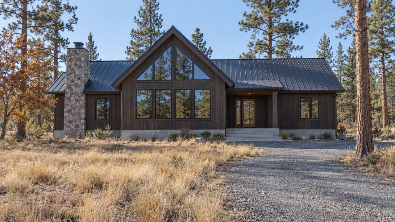 Timber-and-stone home with a steep metal roof, set beyond a gravel approach and tawny meadow among mature pines.