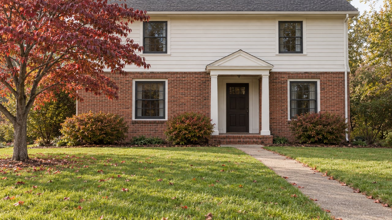Two-story brick and clapboard house beyond a sloping lawn, with a concrete path and red autumn tree.
