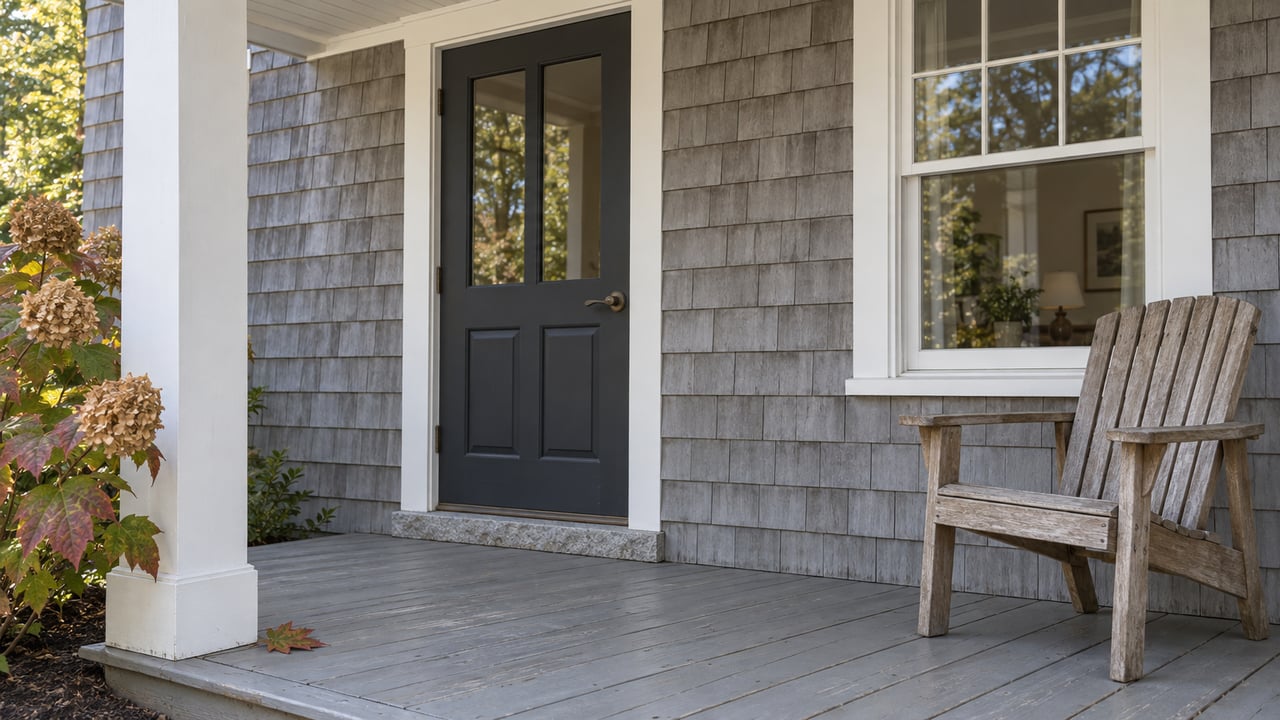 Gray-shingled porch with a charcoal door, white-trimmed window, teak chair, and oakleaf hydrangea.