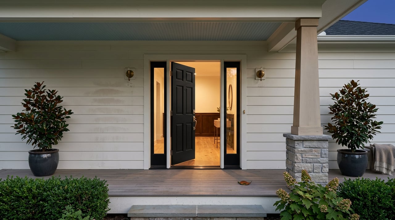 Open black paneled front door revealing a warmly lit foyer, with magnolia planters flanking the porch steps.