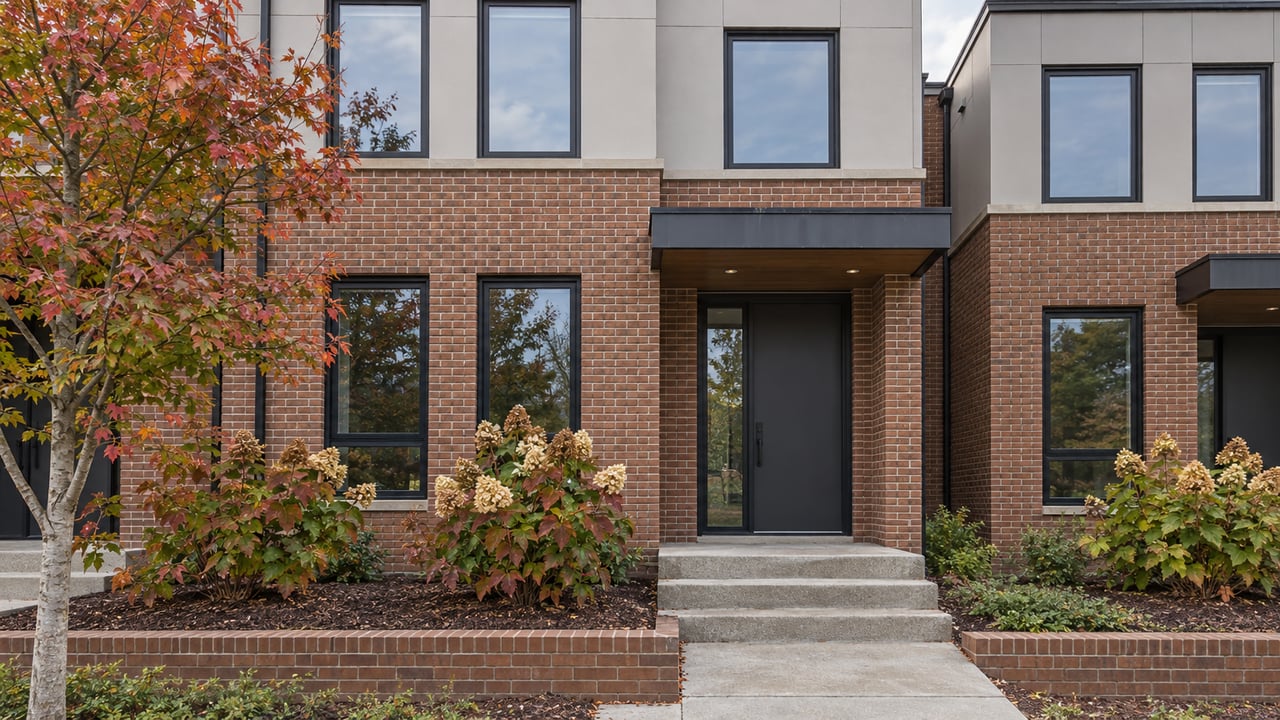 Three-story attached home with warm brick, pale panel siding, black-framed windows and a recessed entrance beside autumn planting.