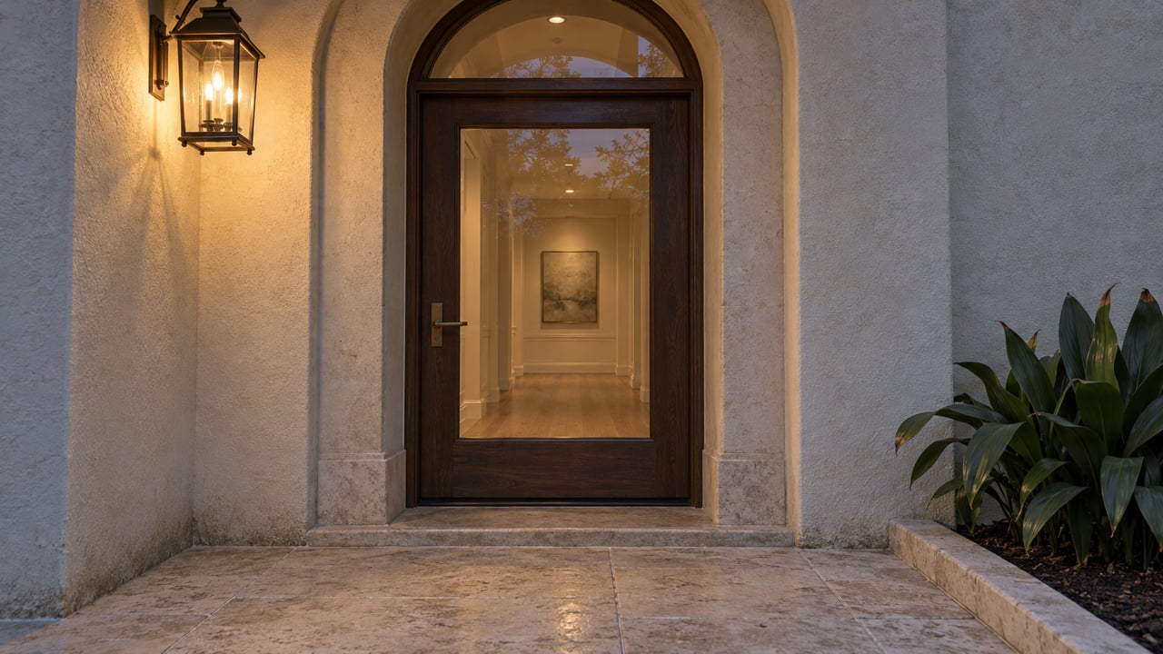 Warm bronze lantern illuminates an arched ivory stucco entry, glazed oak door and gently worn limestone landing at dusk.