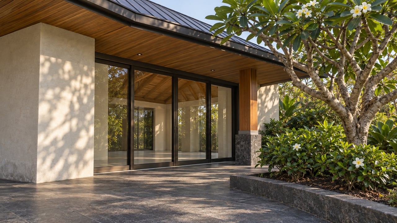 Low-angle view of a pavilion home's timber-lined entry, pale plaster walls, basalt terrace and white-flowering tropical garden.