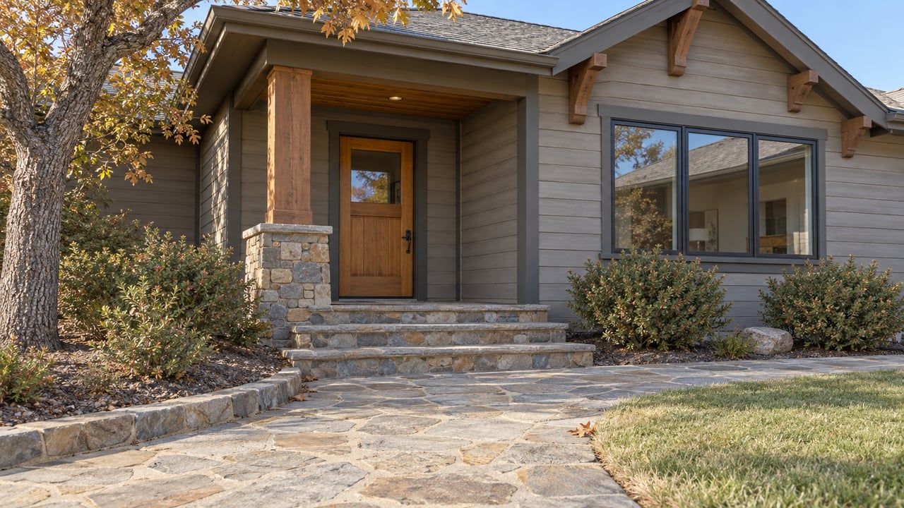 Warm-gray gabled home with a timber porch column, stone entry steps and an oak beside a gently sloping lawn.