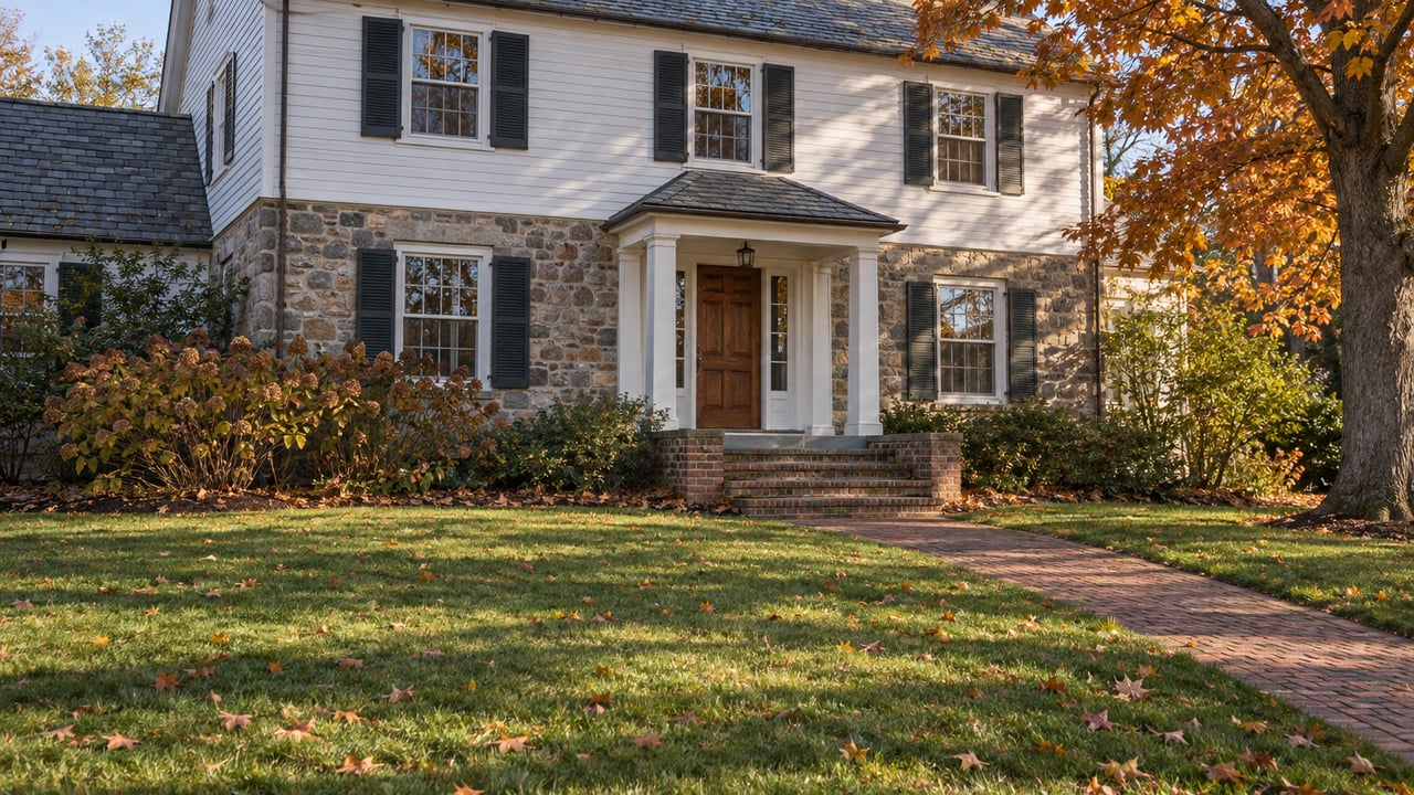 Stone-and-white-clapboard house with a slate-roofed entry, brick walk and deep autumn lawn beneath a copper-leaved maple.