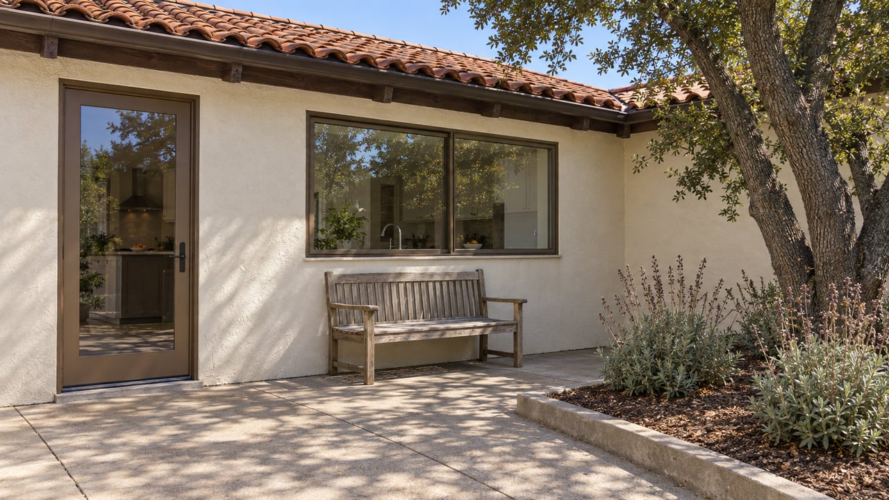 Sunlit stucco home with a clay tile roof, glazed kitchen door, teak bench and oak-shaded concrete patio.