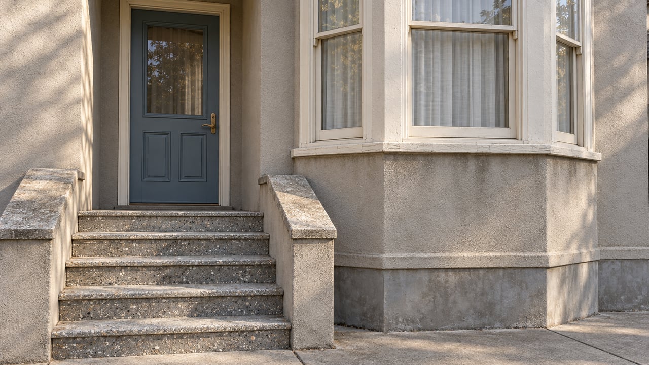 Close view of a gray stucco home's blue entry door, cream-painted bay windows and worn terrazzo steps.