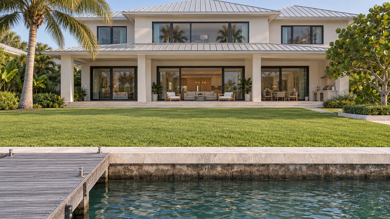 Low waterfront view of an ivory stucco estate beyond a limestone seawall and deep lawn, with a silvered timber dock, royal palm, and sheltered terrace.