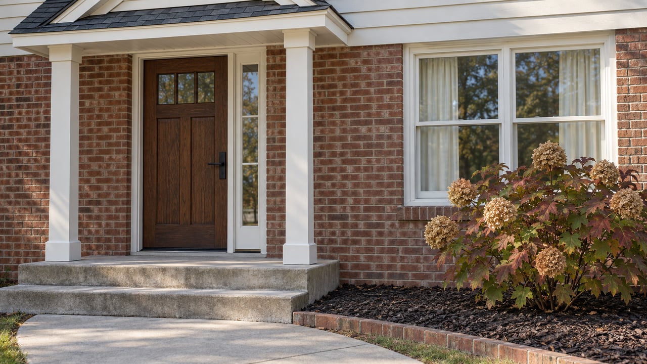 Close view of a brick and ivory-sided home entry with a dark wood door, paired canopy supports, concrete steps and autumn oakleaf hydrangea.