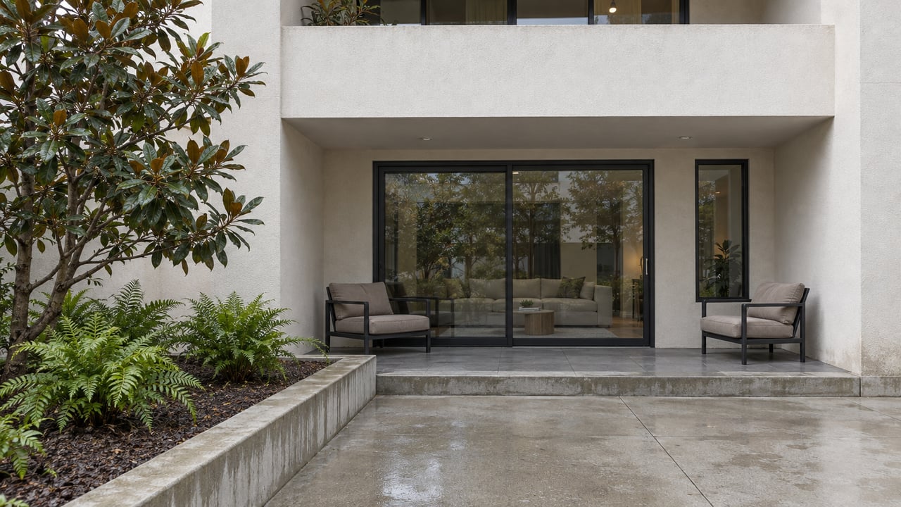 A sheltered stucco residential terrace with dark framed glass doors, two lounge chairs and a magnolia beside a rain-damp concrete court.