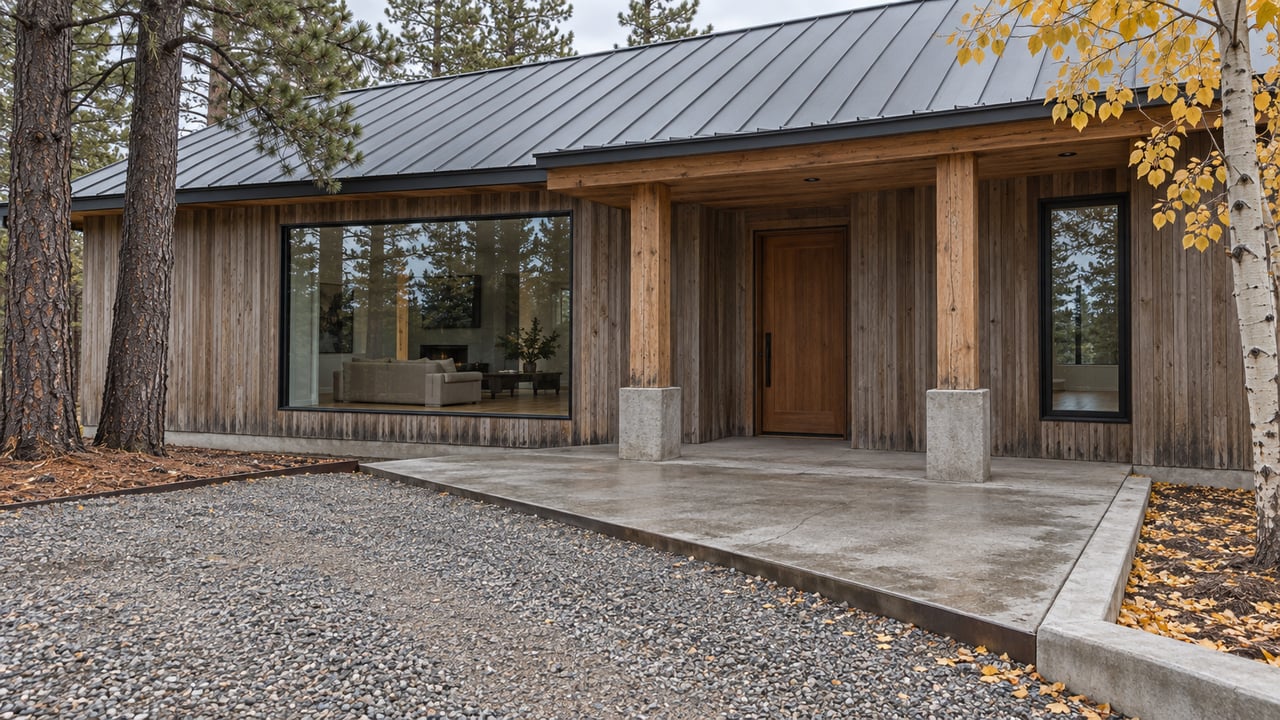 Weathered cedar home with a covered timber entry, dark metal roof, and concrete approach beneath pine and golden aspen trees.