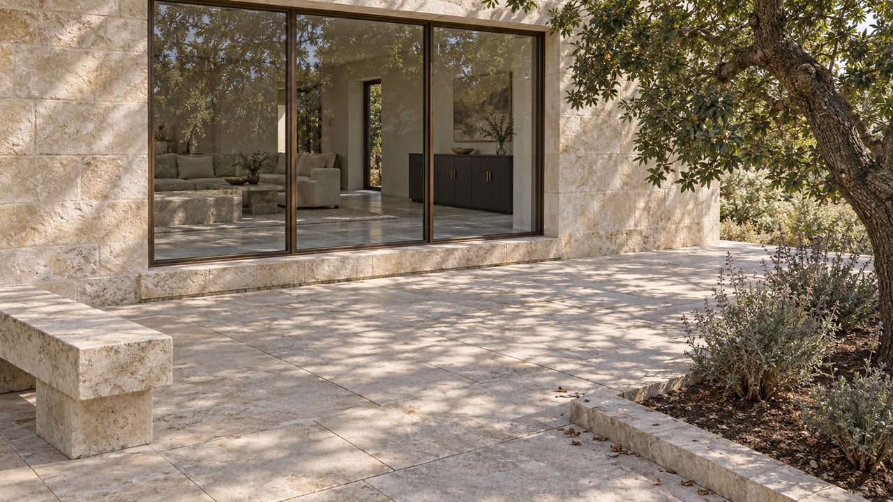 Limestone terrace beside a glazed contemporary home, with a stone bench and mature oak casting morning shadows.