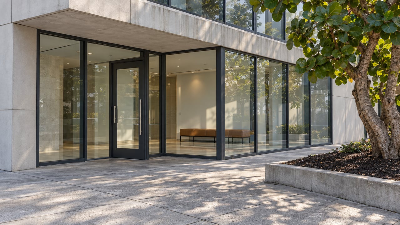 Modern commercial building entrance with floor-to-ceiling glass, a pale stone facade, and a tree-lined walkway.
