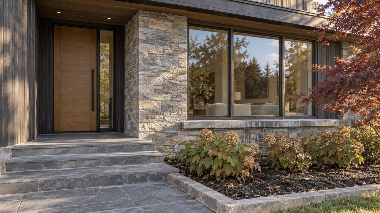 Sunlit stone and charcoal cedar home entry beside a broad picture window, with bluestone steps and autumn planting.
