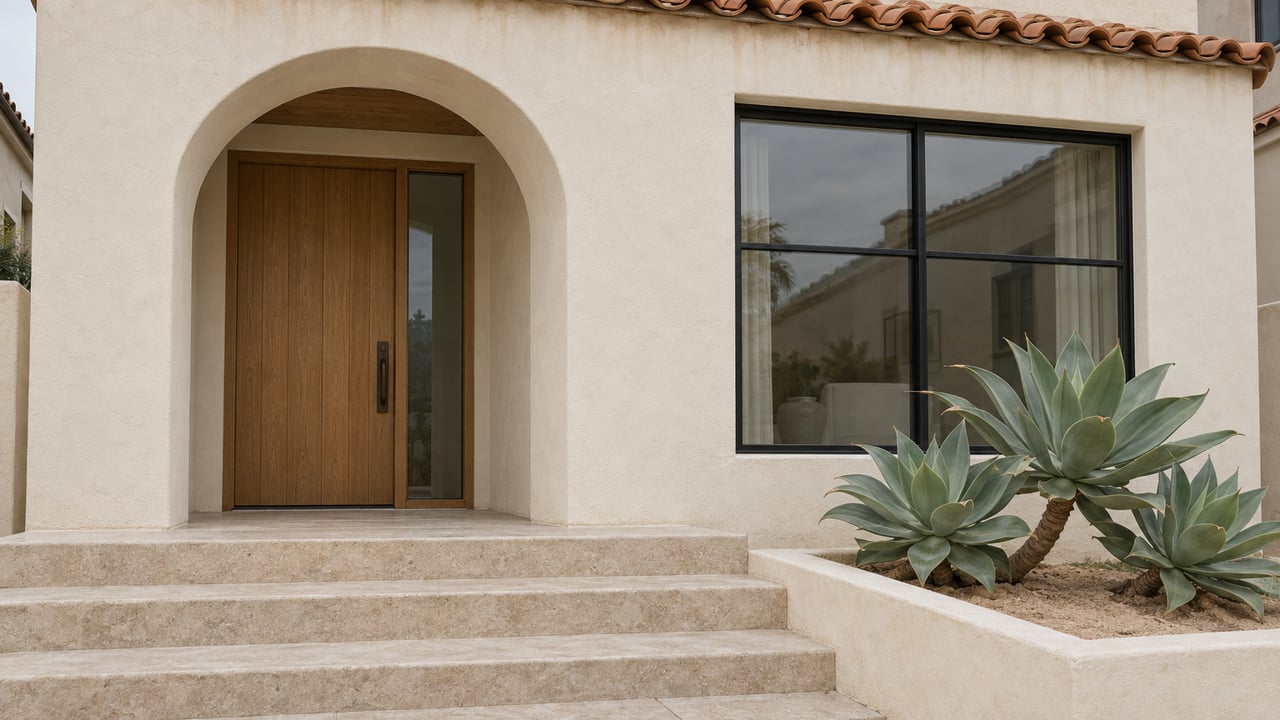 Cream stucco beach-house entrance with an arched oak door, clay tile eave, limestone steps and a sculptural agave.
