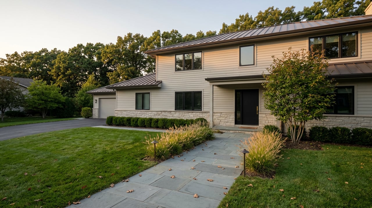 Contemporary two-story greige house with black windows, limestone base, bluestone path, and oak trees behind it.