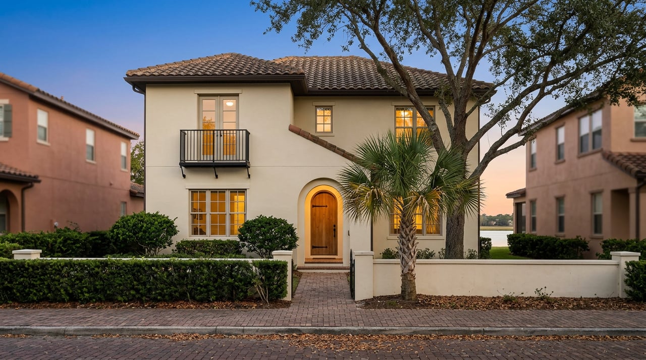 Two-story Mediterranean-style stucco home with glowing windows, an arched wood entry, and oak branches against a dusk sky.