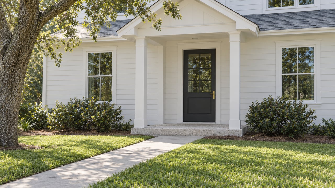 White coastal house with a recessed porch, charcoal door, divided-light windows, and a concrete walk across the lawn.