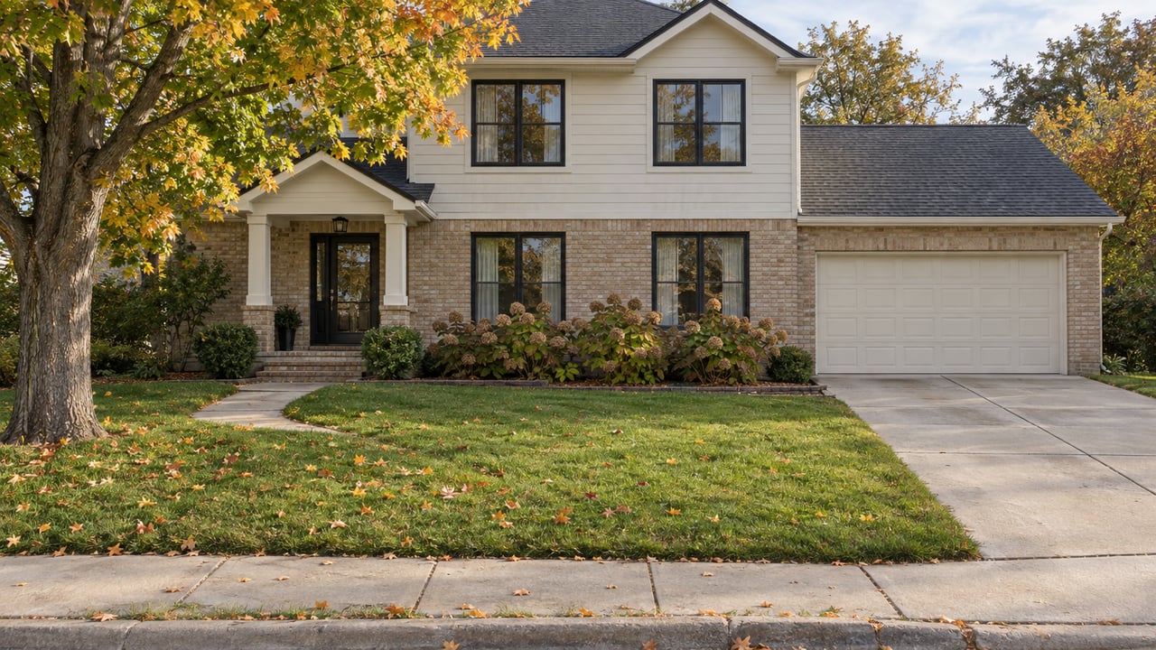 A gabled brick and off-white house behind a deep autumn lawn, with a mature maple, covered entry and attached garage.